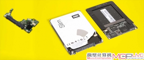 ① 将西部数据Black2拆开，能清楚看到SSD和HDD两个相对独立的部分。